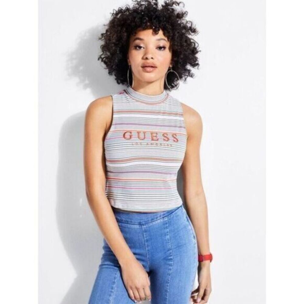 Guess Stripe Motif Logo Cotton Crop Top Sleeveless mock neck Size M